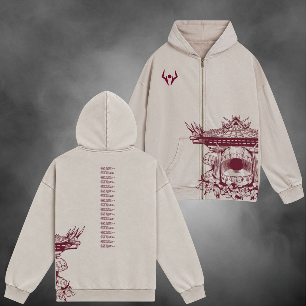 Sukuna Domain Zipup V1 in cream, front and back views