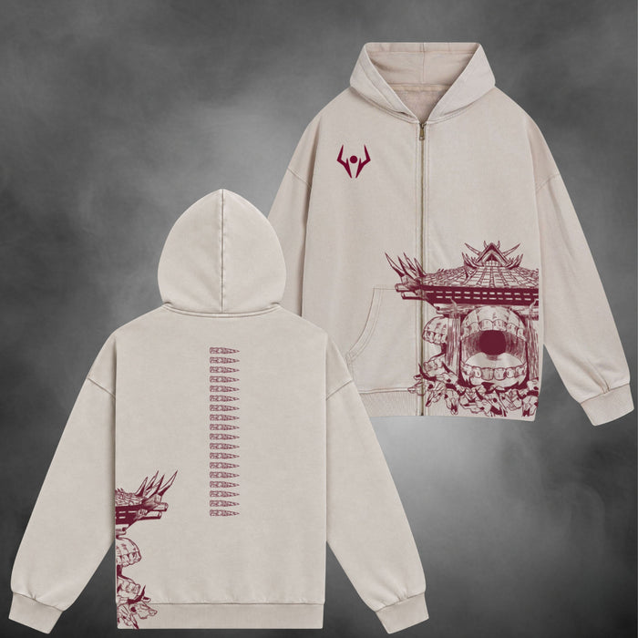 Sukuna Domain Zipup V1 in cream, front and back views