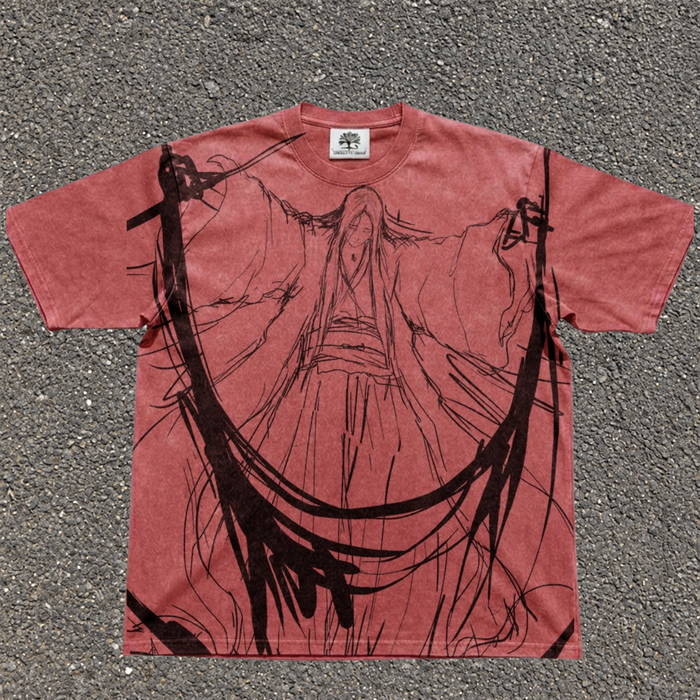 Washed red oversized tee featuring Retsu Unohana's Minazuki Bankai, with outstretched arms and sweeping black linework from Bleach TYBW.