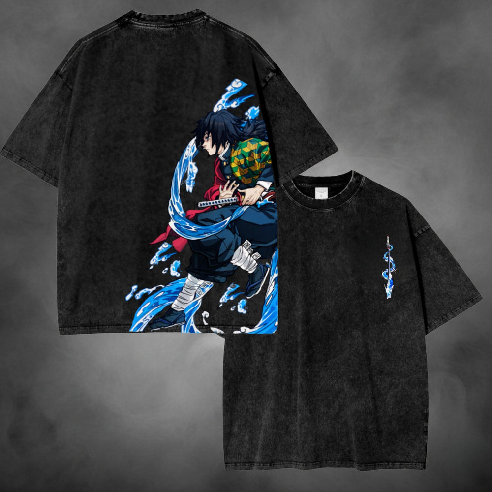 Black acid-wash oversized t-shirt with Tanjiro Kamado water breathing Demon Slayer anime graphic print.