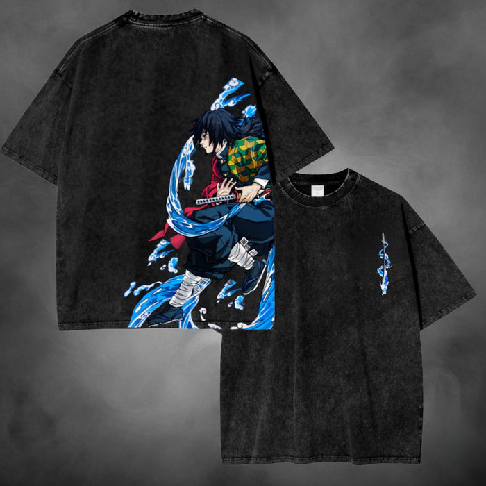 Black acid-wash oversized t-shirt with Tanjiro Kamado water breathing Demon Slayer anime graphic print.