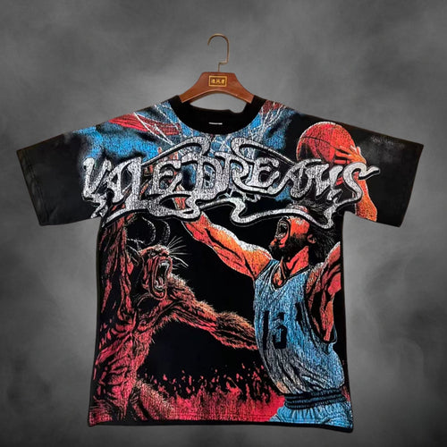 Black oversized streetwear t-shirt with Vale Dreams basketball player beast graphic print.