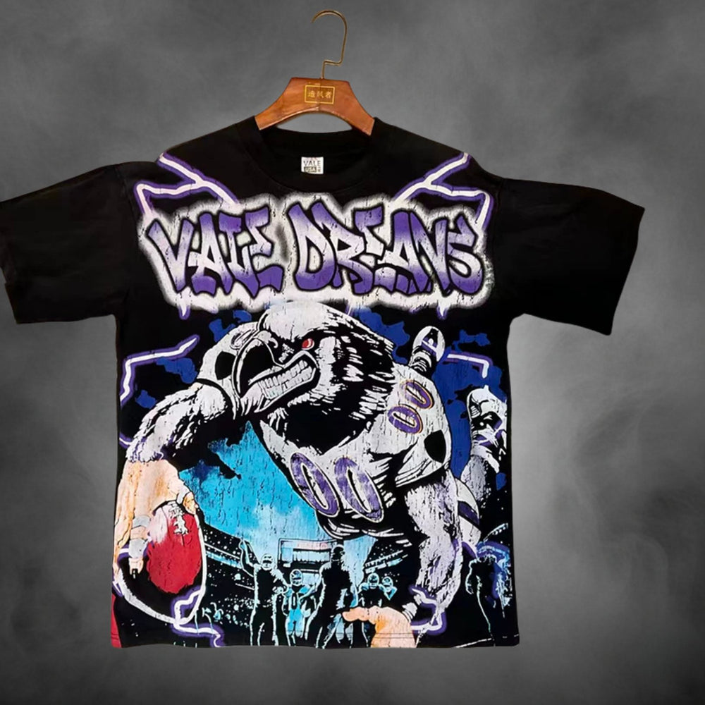 Black oversized streetwear t-shirt with Vale Dreams eagle mascot graffiti graphic print.