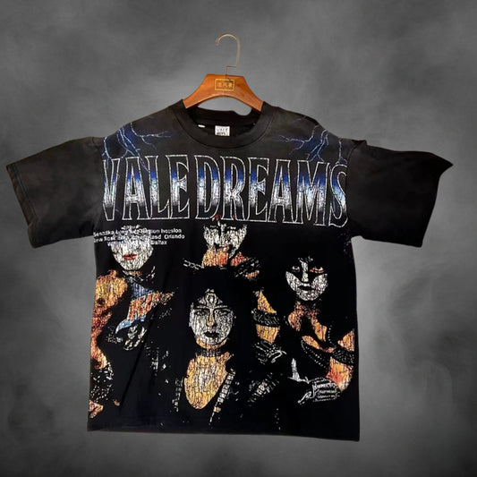 Black oversized streetwear t-shirt with Vale Dreams Kiss band rock music graphic print.