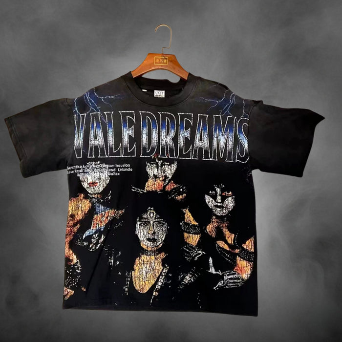 Black oversized streetwear t-shirt with Vale Dreams Kiss band rock music graphic print.