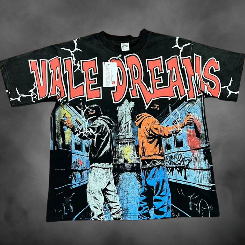 Black oversized streetwear t-shirt with Vale Dreams subway graffiti writers NYC graphic print.