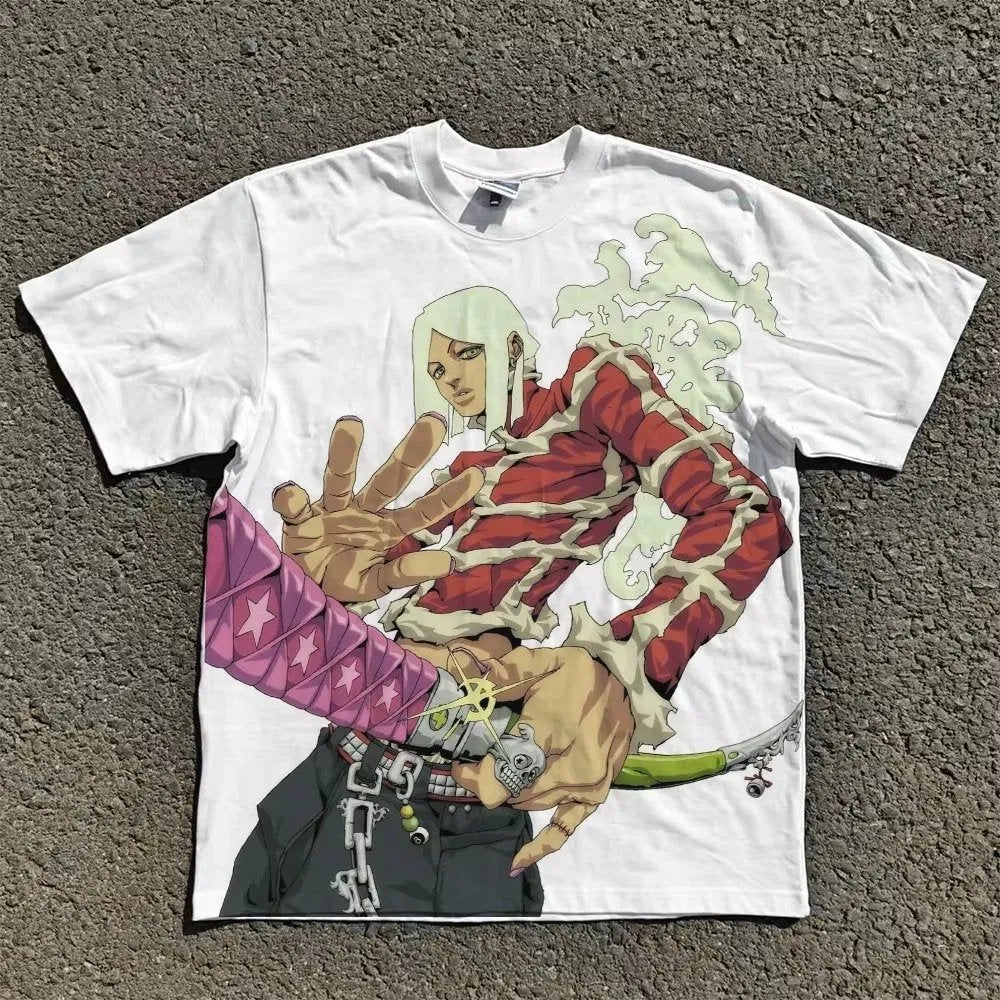 Acid-wash oversized all-over-print tee with Valentine & Dio Stand Clash anime graphic print.