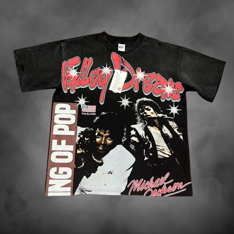 Black oversized streetwear t-shirt with Valley Dreams King of Pop music legend graphic print.