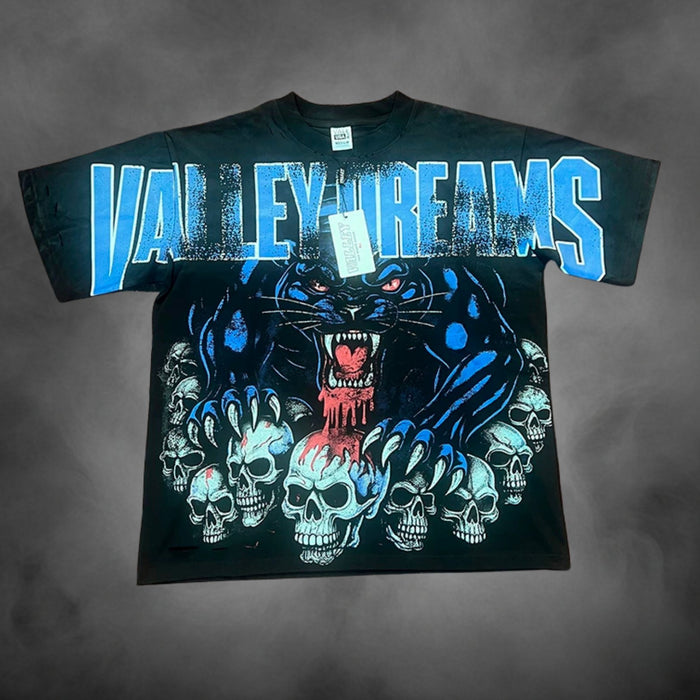 Black oversized streetwear t-shirt with Valley Dreams panther skulls dark graphic print.