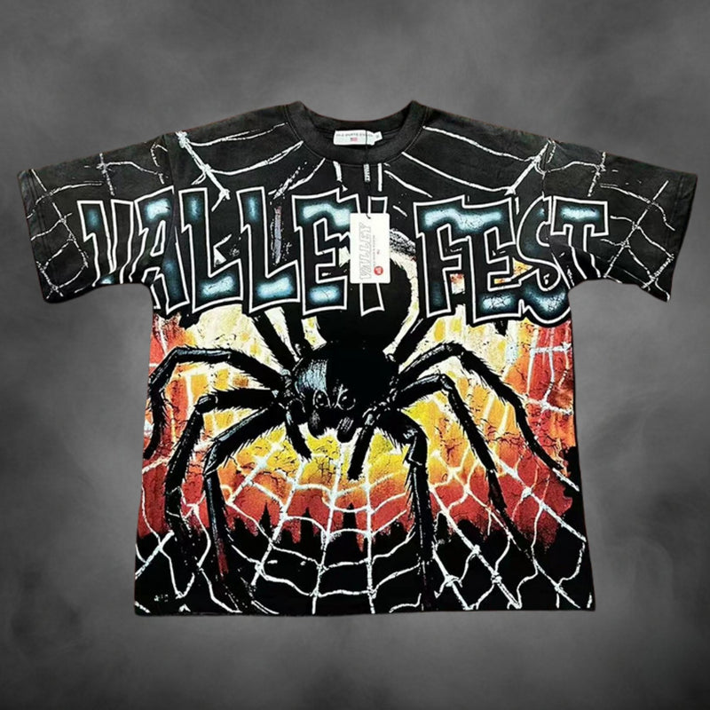 Black oversized streetwear t-shirt with Valley Fest giant spider web graphic print.