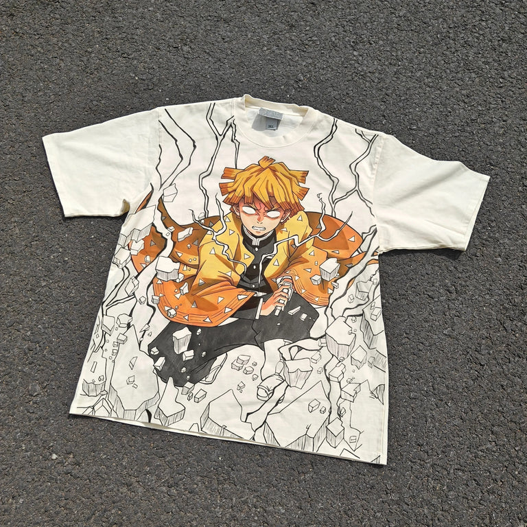 Zenitsu Thunder Demon Slayer acid-wash oversized graphic tee — NANAKAGE
