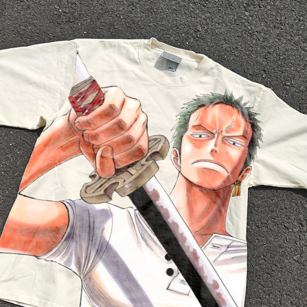 Acid-wash oversized all-over-print tee with Zoro anime graphic print.