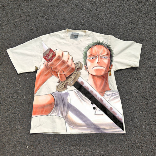 Acid-wash oversized all-over-print tee with Zoro anime graphic print.