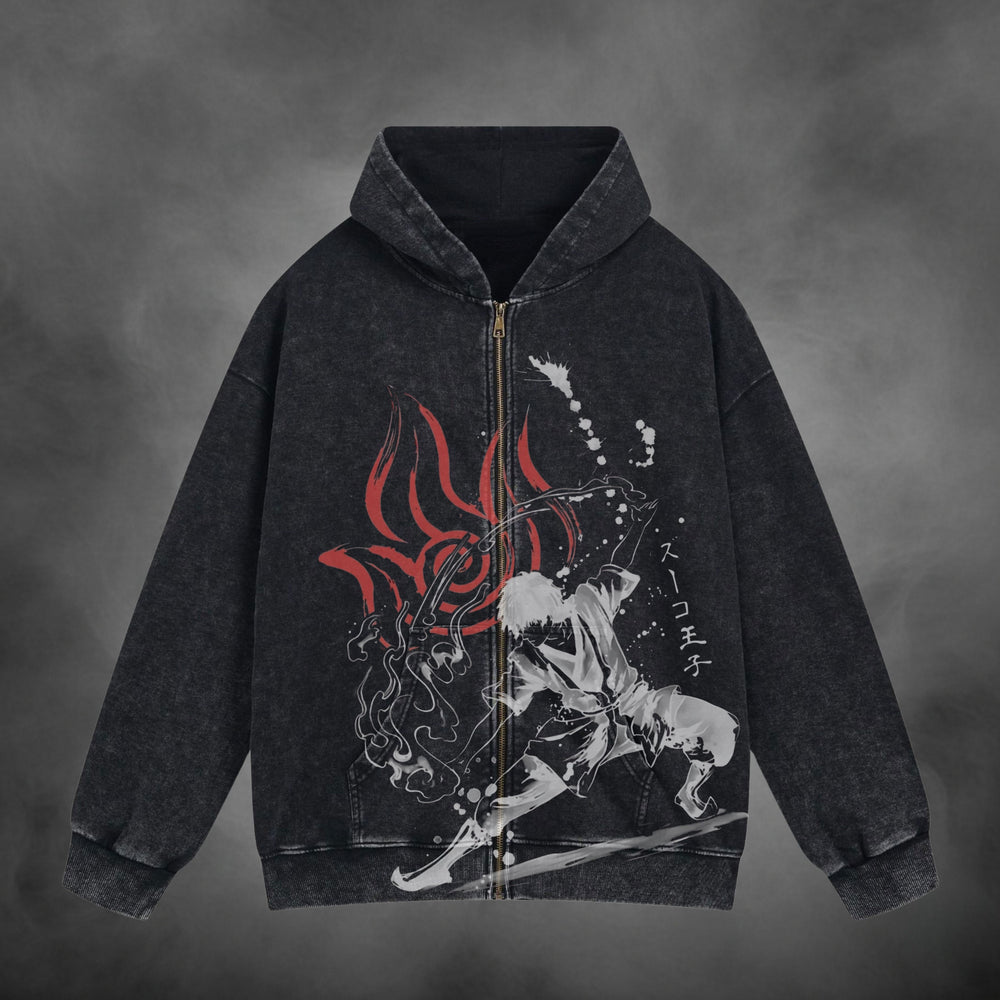 Zuko Zipup V1 in washed black, front view with artwork across the zipper